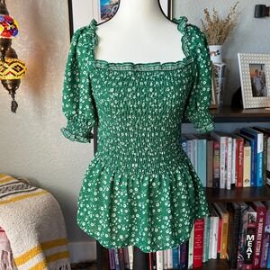 Max Studio Floral Blouse S Smocked Puff Sleeve Romantic Cottagecore Top